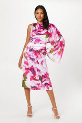 Printed Satin One Shoulder Wrap Skirt Midi Wedding Guest Dress