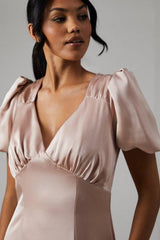Sweetheart Neckline Puff Sleeve Satin Bridesmaid Maxi Dress