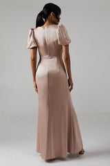 Sweetheart Neckline Puff Sleeve Satin Bridesmaid Maxi Dress