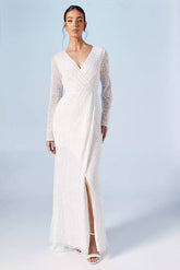 Wrap Bodice Long Sleeve Sequin Wedding Dress