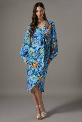 Printed Tie Front Wrap Jacquard Dress