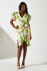 Blurred Floral Satin Wrap Dress