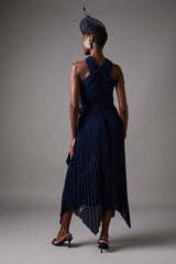 Pleated Halter Neck Lace Insert Midi Dress