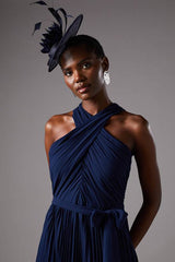Pleated Halter Neck Lace Insert Midi Dress