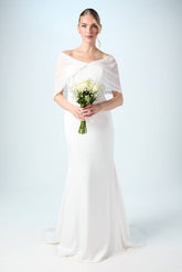 Chiffon Bardot Satin Maxi Wedding Dress with Drape Detail