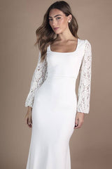 Square Neck Statement Sleeve Maxi Fishtail Wedding Dress