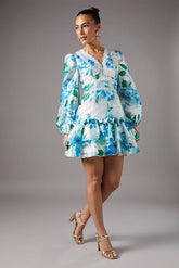 Long Sleeve Lace Trim Printed Mini Dress