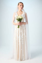 Embroidered V Neck Wedding Dress With Contrast Lining