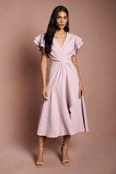 Short Sleeve V Neck Wrap Front Midi Dress