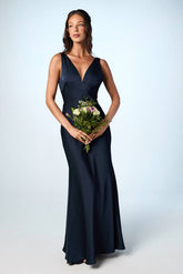 Satin V Neck Maxi Bridesmaid Dress with Back Sash Detail
