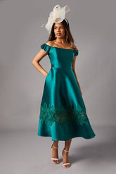 Petite Bardot Twill Midi Dress With Lace Trim