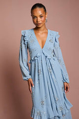 Petite V Neck Long Sleeve Embellished Flower Tiered Georgette Midi Dress