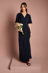 V Neck Flutter Sleeve Bridesmaid Dress