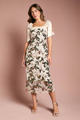 Satin Trim Floral Sequin Column Midi Dress
