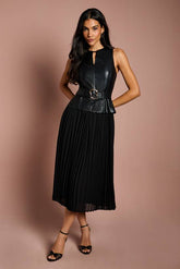PU Pleated Chiffon Skirt Midi Dress