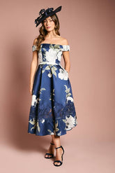 Printed Bardot Twill Midi Dress With Lace Insert