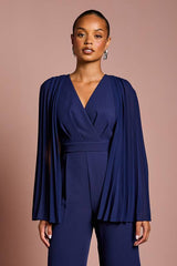 Petite V Neck Pleated Long Sleeve Jumpsuit