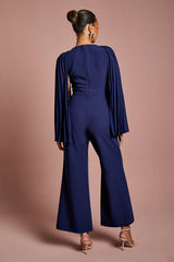 Petite V Neck Pleated Long Sleeve Jumpsuit