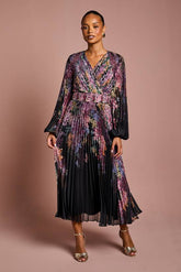 Petite Placement Print Long Sleeve Chiffon Pleated Wrap Dress