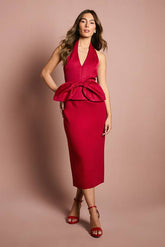 Halter Neck Structured Satin Column Midi Dress