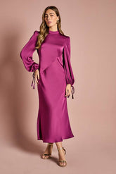 Blouson Sleeve Satin Midi Dress