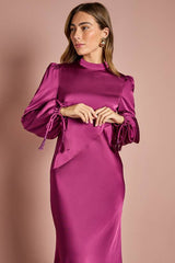 Blouson Sleeve Satin Midi Dress