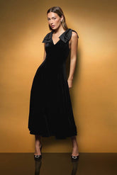 Hotfix Bow Shoulder Velvet Midi Dress