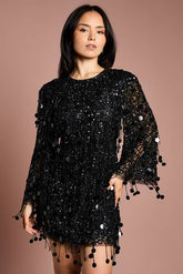 Petite Party Sequin Tassel Long Sleeve Midi Dress