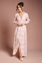 Blouson Sleeve V Neck Sequin Floral Mesh Midaxi Dress