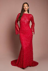 Long Sleeve Flare Sleeve Cowl Back Sequin Maxi Dress