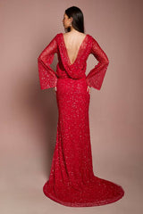 Long Sleeve Flare Sleeve Cowl Back Sequin Maxi Dress