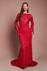 Long Sleeve Flare Sleeve Cowl Back Sequin Maxi Dress