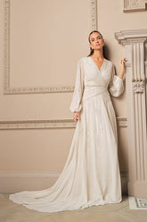 Long Sleeve Linear Embellished Wedding Dress