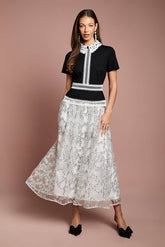Stretch Bodice Embroidered Mesh Skirt Midaxi Dress