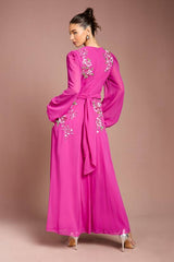Long Sleeve Wrap Waist Embellished Floral Maxi Dress