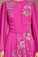 Long Sleeve Wrap Waist Embellished Floral Maxi Dress