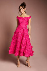 3d Floral Bardot Midi Dresss