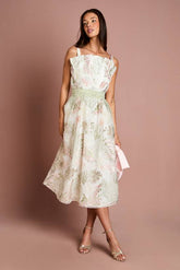 Fan Bodice Embroidered Mesh Midi Dress