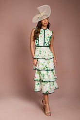 Lace Trim Tiered Printed Organza Midi Dress