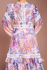 Placement Print Lace Frill Detail Maxi Dress