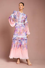 Placement Print Lace Frill Detail Maxi Dress