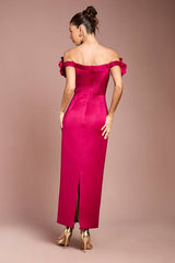 3D Corsage Structured Satin Maxi Dress