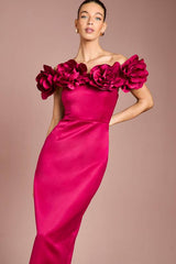 3D Corsage Structured Satin Maxi Dress