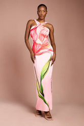 Large Scale Floral Placement Print Halter Neck Pencil Dress