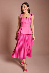 Pleat Bodice Bow Shoulder Peplum Midi Dress