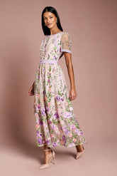 Petite Lace Trim Detail Embroidered Mesh Midi Dress