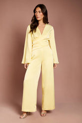 Wrap Waist Satin Jumpsuit With Flare Sleeve
