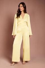 Wrap Waist Satin Jumpsuit With Flare Sleeve