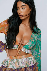 Paisley Spliced Ruffle Coin Trim Cover Up Top