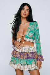 Paisley Spliced Ruffle Coin Trim Cover Up Top